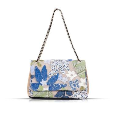 Imagem de Sacola feminina, bolsa de praia, bolsa de palha bordada de lantejoulas feita à mão, bolsa boêmia, bolsa de ombro de grande capacidade, adequada para férias, viagens, uso diário, banquete (flor azul),