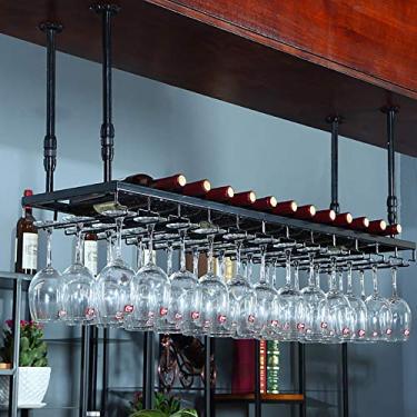 Imagem de APUM Rack de vinho de ferro forjado de teto, suporte de copo de cálice invertido, rack de decoração de bar e restaurante, altura e espaçamento ajustável, prateleira de vinho preto