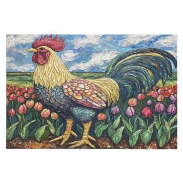 Imagem de Tapete de área 60 x 90 cm, macio, lavável, antiderrapante, com revestimento de borracha, galo, tulipa para sala de estar, quarto, decoração de casa