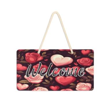 Imagem de Burbuja Placa de boas-vindas com corações de rosas dos namorados para porta da frente, placa de boas-vindas de PVC para decoração de férias, 15 x 28 cm