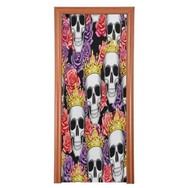 Imagem de Qilmy Decoração de capa de porta 81 x 200 cm tecido grande placa de decoração de festa de Halloween para caveiras de porta da frente adornadas com coroas douradas varanda decoração externa janela