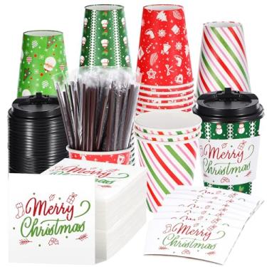 Imagem de Hushee Conjunto de 100 xícaras de café descartáveis de Natal de 340 g com tampas pretas mangas para copos de bebida, canudos e guardanapos para festas de Natal, café, cacau, suco de chocolate quente
