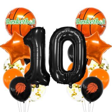 Imagem de Balão esportivo preto, balões metálicos de 10 anos, decoração esportiva de 10 anos, troféu de basquete, 10 balões, decoração de festa de 10 anos de basquete, perfeito para festas temáticas, kits de