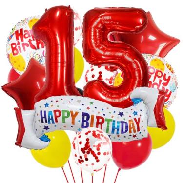 Imagem de Conjunto de decoração de aniversário de 15 anos vermelho, balão de 15 anos de coração, balão colorido de feliz aniversário de 15 anos para meninas, meninos, crianças, adultos, número vermelho, 15