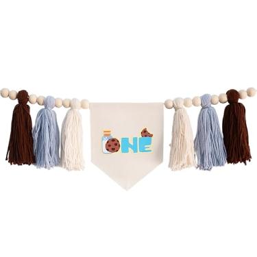 Imagem de First Birthday High Chair Banner with Tassels, Cookie Monster Theme, Blue Brown White Decorative Garland for ONE Year Old Party Celebration