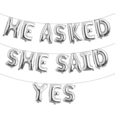 Imagem de He Asked She Said Yes Banner de balão, placa de glitter multicolorido para casamento, noivado, decorações de festa de chá de panela (HE ASKED SHE SAID YES prata)