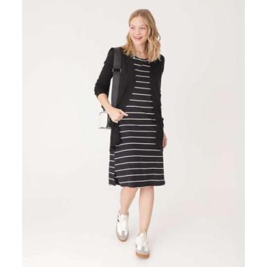 Imagem de Vestido Midi Feminino Listrado Manga Curta Marisa-21008, Preto, M