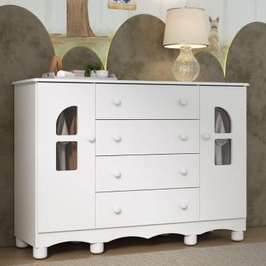 Imagem de Cômoda Infantil 125cm 2 Portas Com Vidro E 4 Gavetas Aurora Multimóveis MP4500 Branco