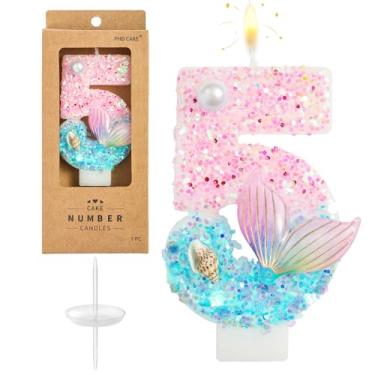 Imagem de PHD CAKE Velas de aniversário de sereia azul rosa número 5 de 7 cm, número de sereia, velas com número de bolo, celebração de festa
