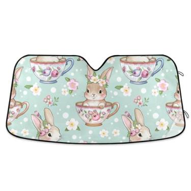 Imagem de Copos de chá florais de coelho fofo personalizado páscoa para para-brisa de carro caminhão retrátil dobrável protetor de para-brisa automotivo M, 139.7 cm x 70.1 cm