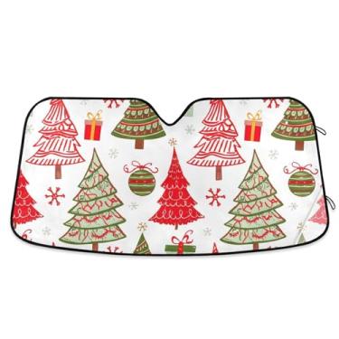 Imagem de Árvores de Natal verdes vermelhas personalizadas para para-brisas de carro capa de para-brisa automotiva dobrável engraçada protetor solar floral S, 134,6 cm x 59,7 cm
