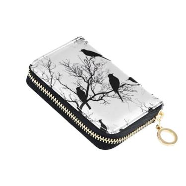 Imagem de Carteira feminina de couro com bloqueio de RFID, carteira feminina com zíper e zíper preto e branco, silhuetas de pássaros
