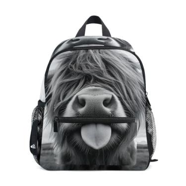 Imagem de GAIGEO Highland Cow Monochrom Funny Kids Backpack, 10x4x12 In, Little Boys Backpack Includes Water Bottle Pockets, Whistle Clip for Safety
