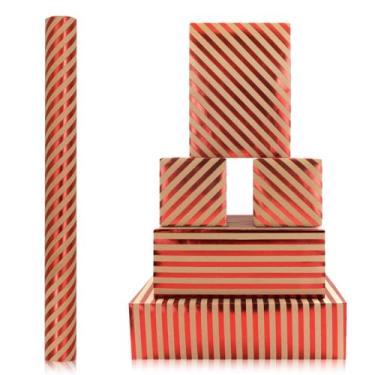 Imagem de Rolo de papel de embrulho Kraft listrado vermelho - Design clássico de Natal com estampa de listras vermelhas, 1 mini rolo de 43 x 3 m por rolo - Papel de embrulho de presente de bengala doce para