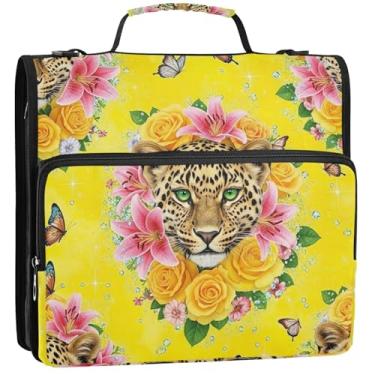 Imagem de 3 anéis para fichários de 3 anéis de flores resistentes leopardo amarelo zíper organizador de fichário escolar com alça de ombro divertido portfólio e estojo suporte de pasta de anel 34,5 x 31,5 x 9