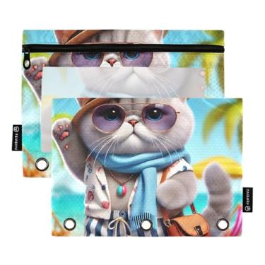 Imagem de Estojo de lápis rosa com 3 anéis fashion gatinho engraçado gato caneta lápis sacos com zíper escolar transparente bolsos armazenamento 25 cm x 18 cm, 2 pacotes