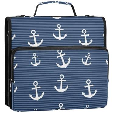 Imagem de Pasta de 3 anéis de negócios com 3 argolas de 3 anéis, listras brancas, azul marinho, com zíper, organizador de fichário com alça, bolsa de fichários escolares com alça de ombro, 34,5 x 31,5 x 9 cm