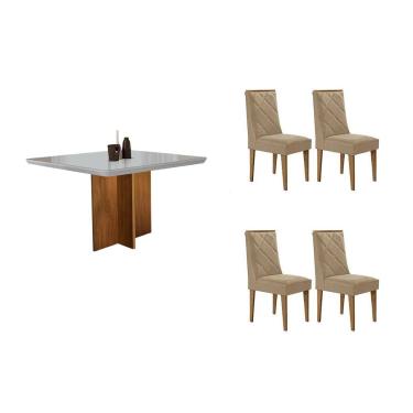 Imagem de Sala Jantar Mesa Berlim Tampo c/ Vidro Curvo 90cm+4 Cadeiras Pietá Madeira Naturale/Off White - Capuccino/Suede Creme - Rufato