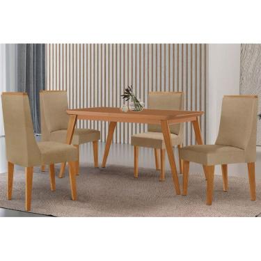 Imagem de Sala Jantar Mesa Havana Tampo Curvo 120cm+4 Cadeiras Dakota Madeira Naturale - Capuccino/Linho Bege - Rufato