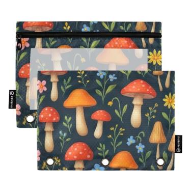 Imagem de Bolsa para lápis de trabalho, 3 anéis, fichário com zíper, bolsa para lápis, fichários escolares macios, bolsos transparentes, cogumelos caprichosos, 25 x 18 cm, 2 pacotes