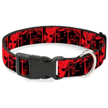 Imagem de Warner Bros. Coleira para animais de estimação, coleira de cachorro, fivela de plástico, sexta-feira 13 Jason Hockey Mask Camp Crystal Lake Blocks, 28 a 40 cm de largura