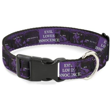 Imagem de Warner Bros. Coleira para animais de estimação de filmes de terror, fivela de plástico para coleira de cachorro, The Conjuring Evil Loves Innocence, blocos de pose roxo e preto, 24 a 33 cm de largura
