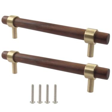 Imagem de Piutouyar Puxadores de armário de nogueira, puxadores de gaveta de madeira central de 128 mm/5 polegadas, puxadores de madeira com parafusos, puxadores de cômoda de latão para cozinha, armário, gaveta