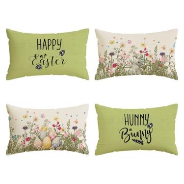 Imagem de ZAEW Happy Easter Bunny Eggs Wildflowers Rabbit Easter Lombar Fronhas Conjunto de 4 Decorações para Casa de Fazenda Sofá Sofá Capa de Almofada Festa Decoração de Férias 30 x 50 cm