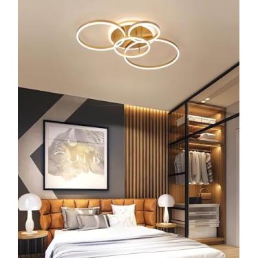 Imagem de Luminária de teto LED moderna e regulável para sala de estar, com design criativo e redondo, controle remoto, temperatura de cor de 3000K a 6500K, ideal para quarto e sala de jantar (dourada