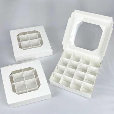 Imagem de Conjunto de 3 caixas de presente com janela branca com inserções, 16 compartimentos transparentes para chocolates, doces e padaria, montagem rápida