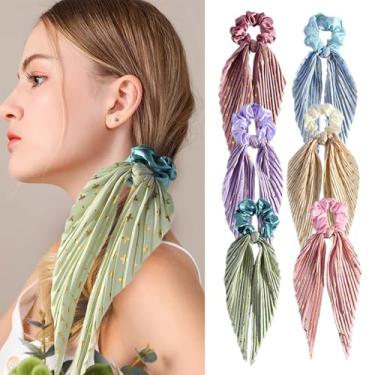 Imagem de 6 pçs lenço de cabelo scruncheis para mulheres, pregas atadas, laços de cabelo, estampa floral, faixas elásticas, fita de cabelo apertada, suporte de rabo de cavalo para meninas