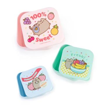 Imagem de Pusheen Conjunto de pote de lanche the Cat em azul claro, rosa e verde menta | Conjunto de 3 recipientes empilháveis | Design de desenho animado de frutas frescas