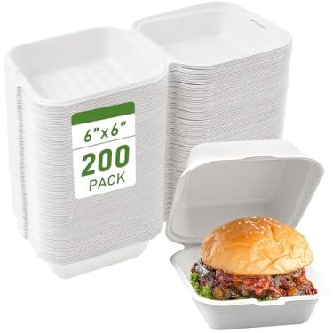 Imagem de KisSealed Embalagem com 200 recipientes descartáveis para viagem, 15 x 15 cm, recipiente quadrado articulado para alimentos, almoço, jantar, preparação de refeições, compostável (branco)