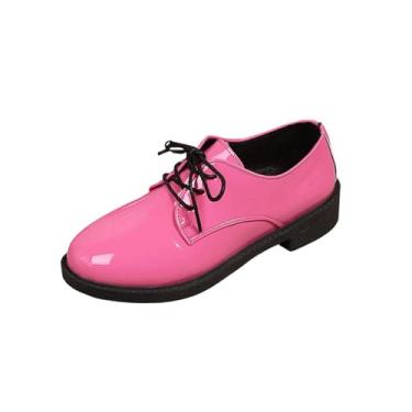 Imagem de Sapatos femininos versáteis plus size estilo primavera verão confortável cadarço estilo britânico sola macia mocassins de salto baixo para trabalho, Rosa choque, 35