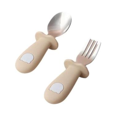 Imagem de Colher E Garfo De Silicone Para Bebê Panda Utensílios De Alimentação E