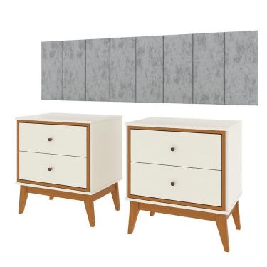 Imagem de Conjunto Quarto Queen Cabeceira Adesiva 1,60 e 2 Mesas de Cabeceira Arruna em MDP Pés em Madeira