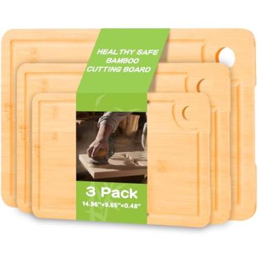 Imagem de Tábuas de corte de bambu extragrandes para cozinha, tábua de corte de madeira reversível com sulco de suco e alças laterais, tábua de cortar carne e queijo, 100% bambu orgânico, 3 pacotes