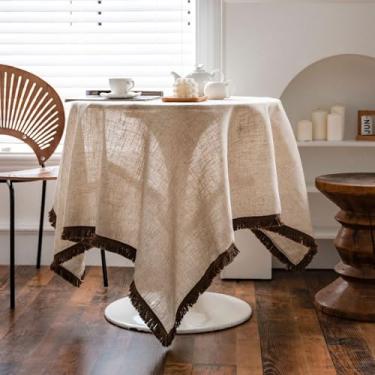 Imagem de HAIRUO Toalha de mesa de linho, toalha de mesa quadrada bege com borla de café, capa de mesa para festas, cozinha, piquenique, decoração de casa (bege, quadrada, 128 cm x 128 cm)