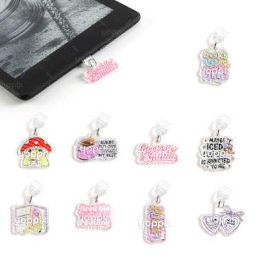 Imagem de YOPPIX 9 peças pingentes para Kindle, sobre tema engraçado, plugue de poeira compatível com porta de carregamento tipo C, presente para amantes de livros, leitores, homens, mulheres, professores