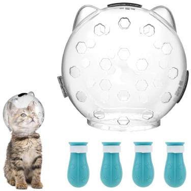 Imagem de VMBQRTI Focinheira de gato respirável para cuidados pessoais, focinheira antimordida transparente para banho aparar unhas, capacete de astronauta com 4 protetores de pata de silicone (grande)