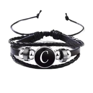 Imagem de Pulseira trançada de couro sintético genuíno preto elegante com letras inglesas - Pulseira ajustável para casais para homens e mulheres, Medium, Vidro, Sem Pedra Preciosa