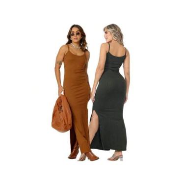 Imagem de KIT 2 Vestido Canelado Longo com Fenda Lateral de Alcinha Sem Bojo - A