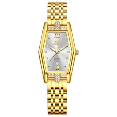 Imagem de OLEVS Relógio feminino dourado, aço inoxidável, moderno, analógico, quartzo, luminoso, à prova d'água, relógio Wrsit, Relógios modernos: branco