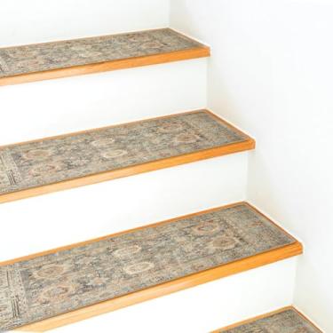 Imagem de Tapete de escada bege vintage étnico antiderrapante para degraus de madeira 76 cm x 20 cm tapetes resistentes a corredores internos tapetes de borracha para cães, crianças e idosos, aderência de