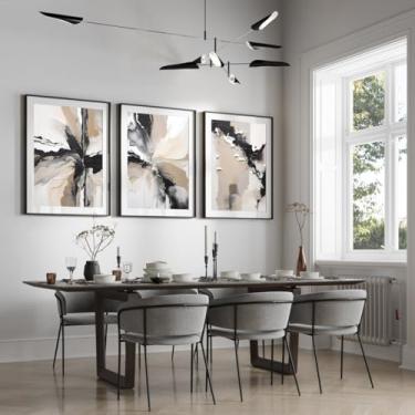 Imagem de 3 peças de arte de parede geométrica abstrata preta neutra bege impressão em tela pôster abstrato quadros de pintura para sala de estar decoração de casa com moldura interna de madeira