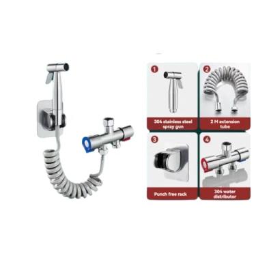 Imagem de Conjunto de Pistola Borrifo para Banheiro em Aço Inoxidável 304 Bico Fluxo Alta Pressão Doméstico Controle Duplo Independente Conector Universal Mangu
