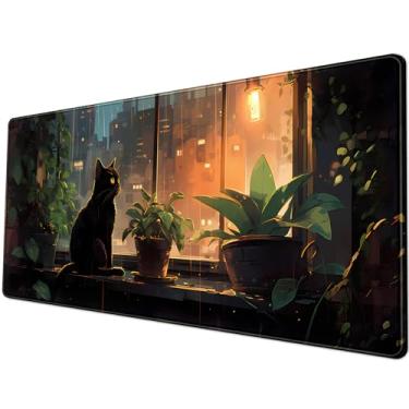 Imagem de ROMING Tapete de mesa de plantas de gato preto grande tapete de mouse para jogos 80 x 29 cm estendido grande mousepad GG aconchegante Lofi tapete de mesa bonito escuro academia estética tapete de