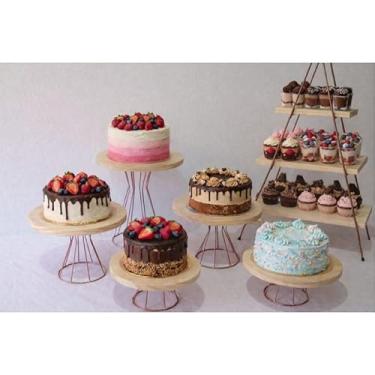 Imagem de Kit Boleira Festa com Prateleira Decorativa Escadinha – Kit Decoração Mesa com 5 Boleiras em Madeira Pinus para Festa Aniversário e Casamento(rose gold)