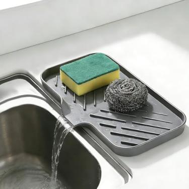 Imagem de Saboneteira de silicone para pia com bico de drenagem, 2 bandejas de suporte de esponja para balcão de cozinha e banheiro, 24 cm × 5,7 cm, cumes elevados, antiderrapante, fácil de limpar, cinza