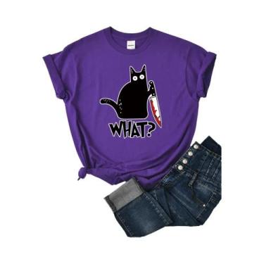 Imagem de Camiseta Feminina De Verão Com Estampa De Gato Preto, Manga Curta, Mod